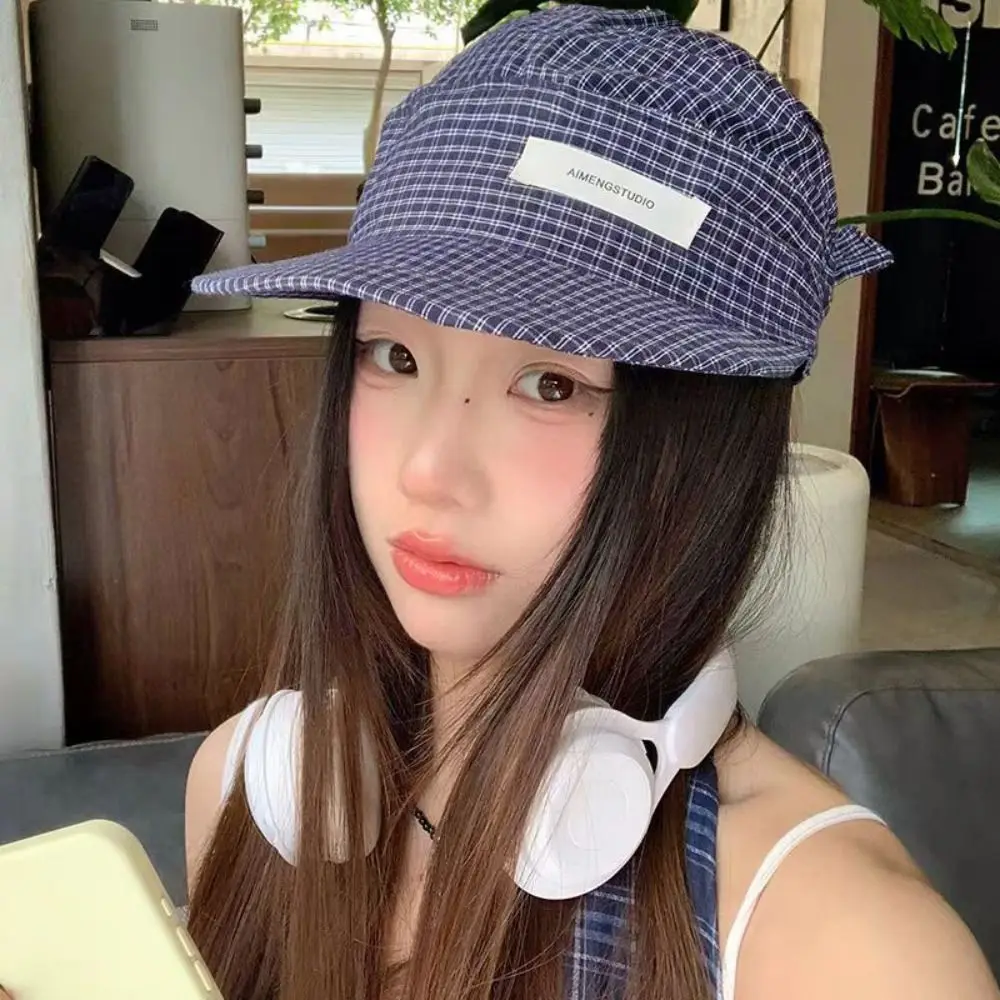 

Simple Rural Style Headscarf Baseball Hat Plaid Lace Sunscreen Headscarf Hat Flat-brimmed Japanese Strappy Bandana Cap Summer
