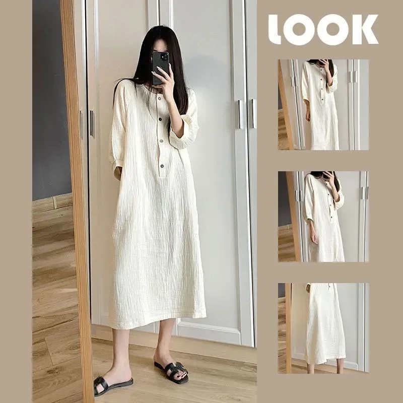 Korean Sleepwear Women Nightgown Button Loose Nightwear Autumn Night Dress Solid One Piece Pajamas O-neck Home Wear New in 2024