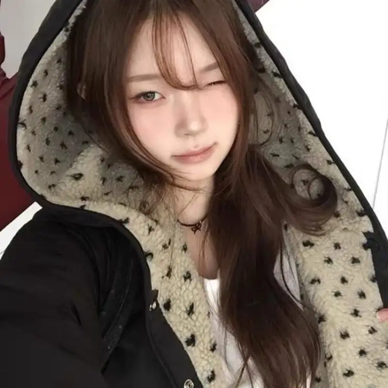 Y2K Women Lamb Wool Jacket Reversible Padded Jacket Girl Cute Heart Printed Coat Autumn Winter Zipper Hooded Jacket Outwear Warm
