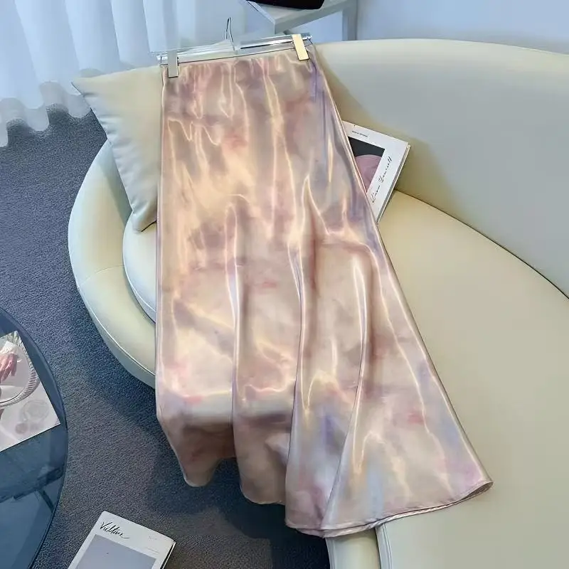 

High End Ink Wash Dyed Satin Half Skirt Women Summer New High Waist Slimming A-Line Fishtail Skirt Beautiful Office Lady Skirts