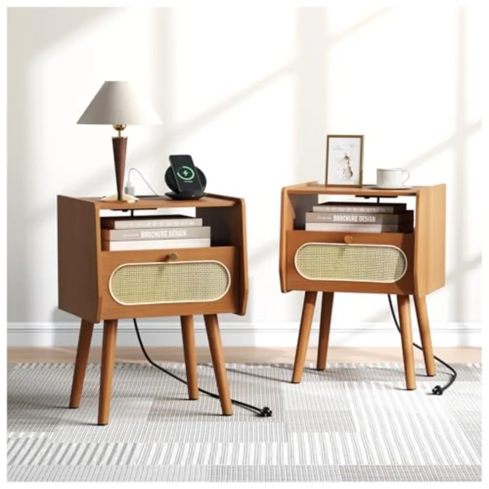 Mid Century Modern Nightstand Set of 2 with Charging Station | Rattan Bedside Table with Storage, Boho End Table with