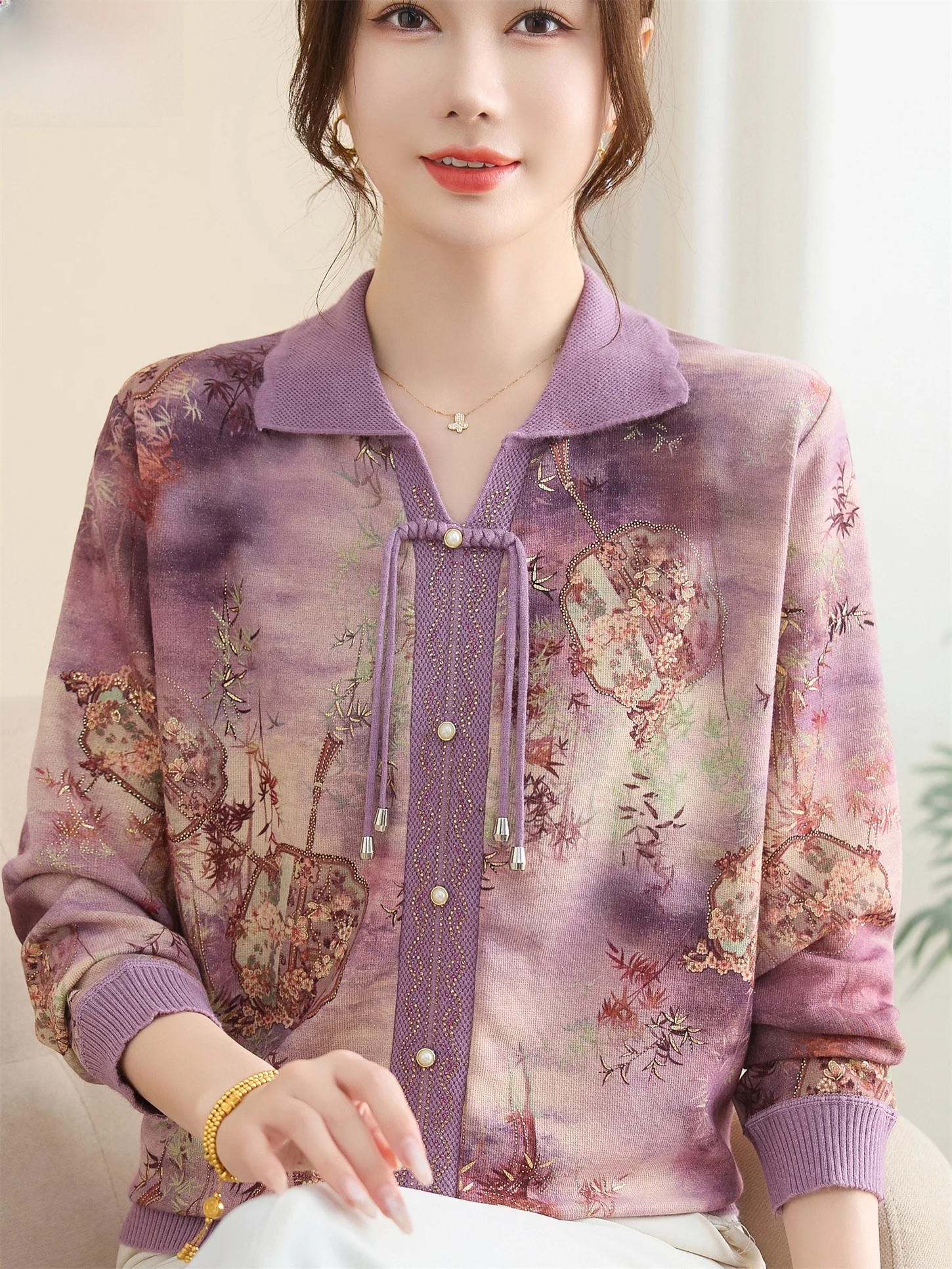 

New Chinese Sle Flip Collar Long Sve Knitted T-irt Thin Autumn Spring Faion Top for Middle-Aged Women Breathable Cas...