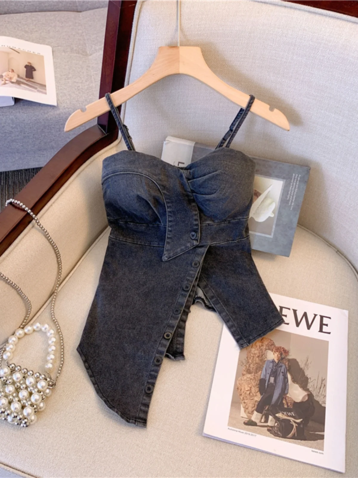 Denim Strapless Crop Top Small Halter Women Summer Pure Desire Sexy Irregular outside Wrap Chest Retro Top Other Material 100