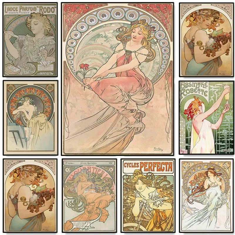 Alphonse Mucha Art Nouveau Poster Vintage Flower Girl Goddess Ad Canvas Painting Wall Art for Living Room Home Decoration Mural