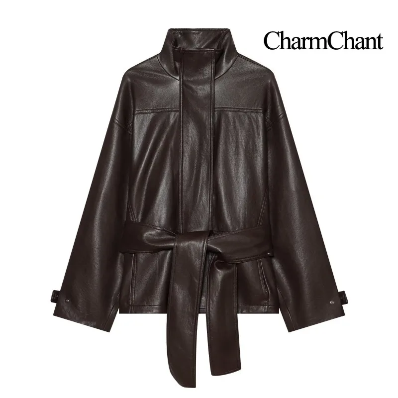 CHARMCHANT Women's Faux Leather Jacket High Stand Collar Bow Tie Waist Oversized Long Sleeve Coat Elegant Vintage Fall 2026