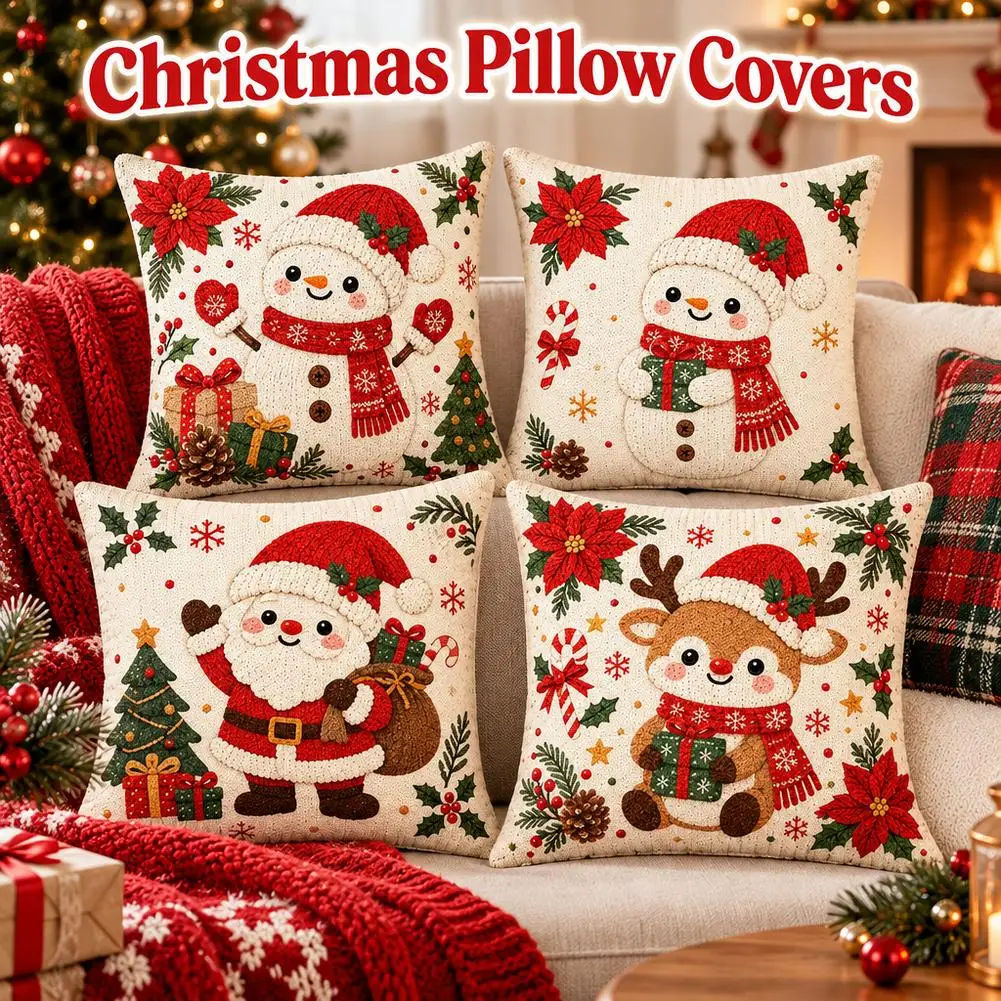 Christmas Throw Pillow Covers 18 IN, Imitation Embroidery Santa Snowman Elk Vintage Beige Decorative Pillowcase for Sofa Couch