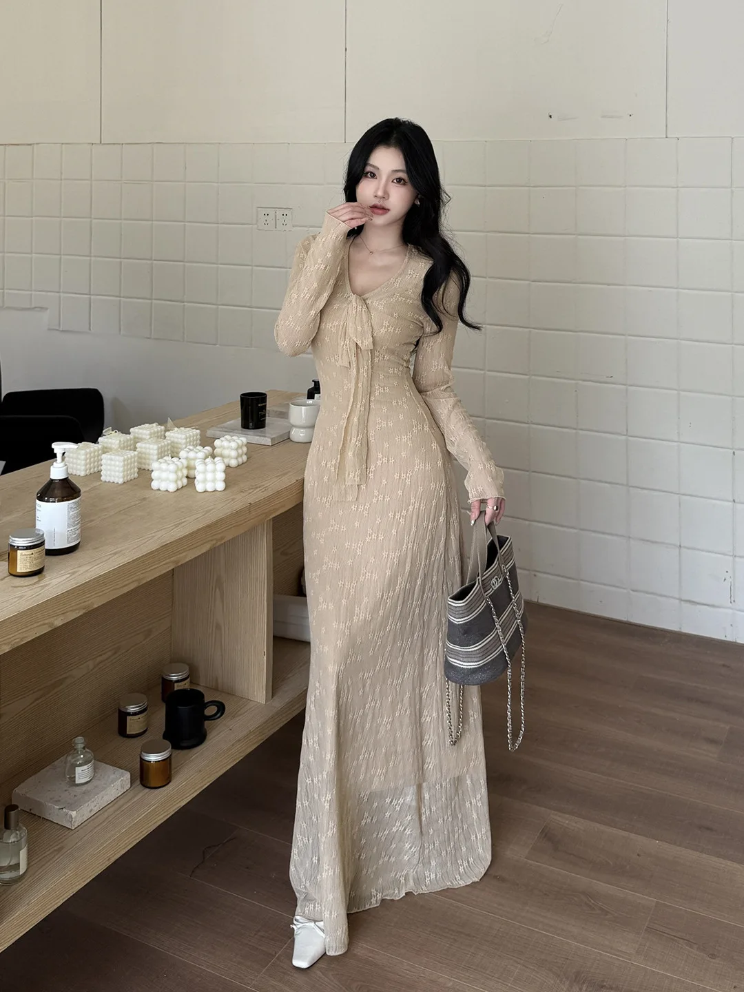 

Винтажное элегантное платье цвета хаки на шнуровке с бантом и лямкой на шее, тонкое шифоновое платье с узором снежинки, корейская женская модная одежда