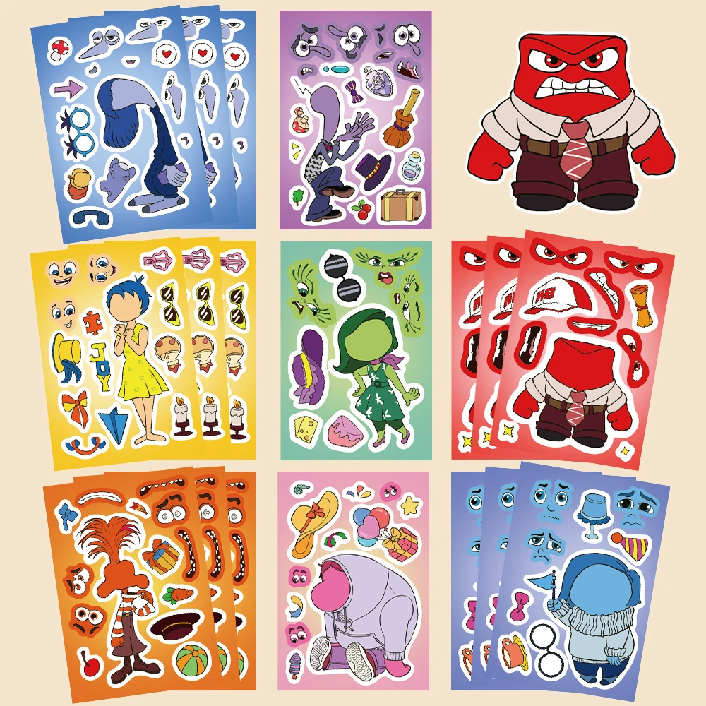 8/16/32pcs Disney Inside Out Puzzle Sticker DIY Phone Laptop Luggage Skateboard Make A Face Assemble Sticker Fun for Kids Gift﻿