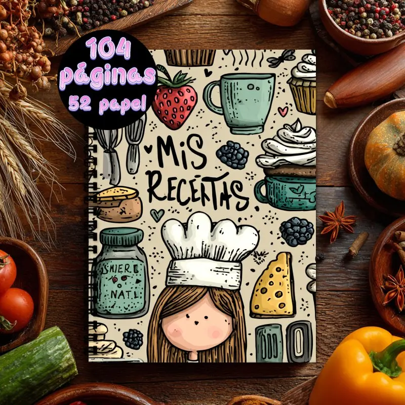 Cuaderno de recetas en español A5, libro de colección de recetas, puede contener hasta 100 recetas, temático para hornear con diseño de elementos de niña