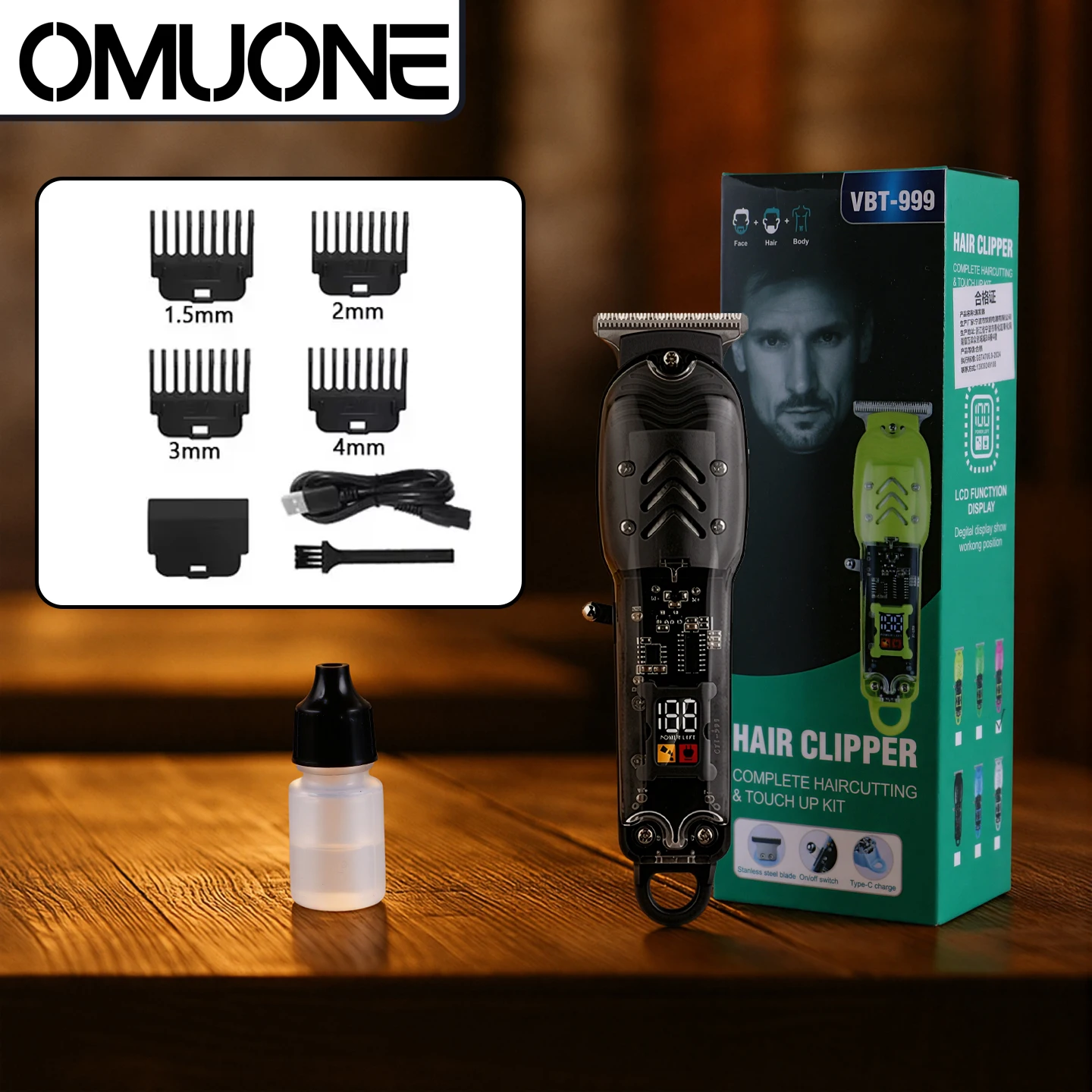 OMUONE Professional Hair Cutting Machine Rechargeable Hair Clipper Transparent Electric Hair Trimmers For Men Hair Cut Machine