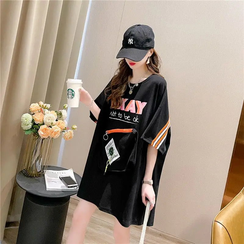 Y2k Clothing Zipper Pockets Store Phone Mid-length Short Sleeve Street Casual T Shirt Women Korean-style New Shirt Summer Tops