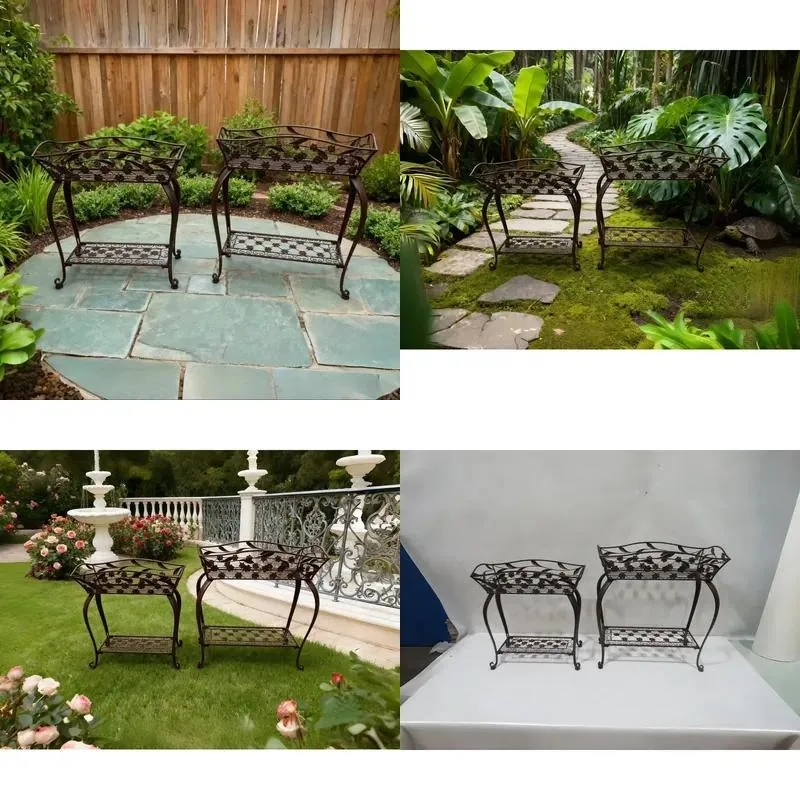 Retro Handmade Wrought Iron Flower Stand for Garden Balcony Metal Storage Display Rack