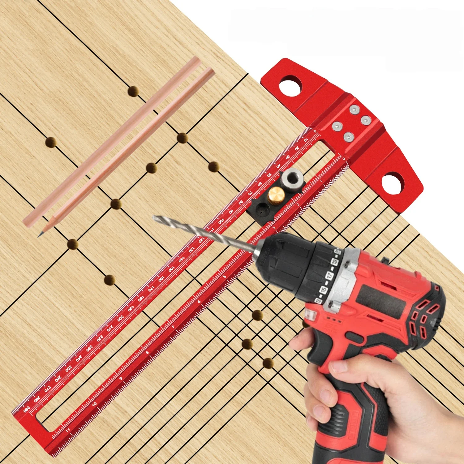 

300mm Woodworking T-Square with 6/8/10mm Drill and 2 Pencils & Instruction Manual, 2-in-1 Aluminum Alloy Drilling & Marking Jig