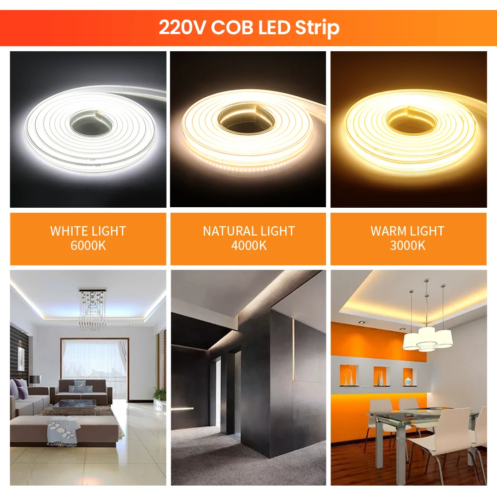 AC220V 100M COB LED Light Super Bright 360LEDs/m LED Strip Flexible COB Light Bar Outdoor IP65 Waterproof LED Light Strip + Plug