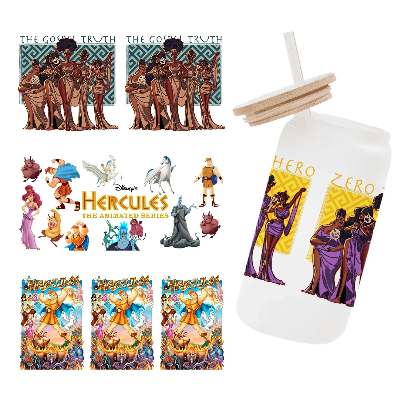 Disney-pegatina envolvente UV DTF de dibujos animados de Hercules, 11x24cm, bricolaje, para taza de vidrio de 16oz, calcomanías impermeables, pegatina para vaso de café