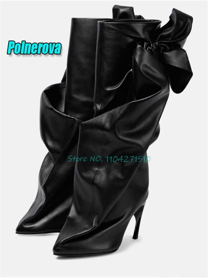 Elegant Women Black Bow Knee High Boots Fashion Pleated Leather Strange Heels Long Boots Pointed Toe High Heels Sleeve Boots view 6
