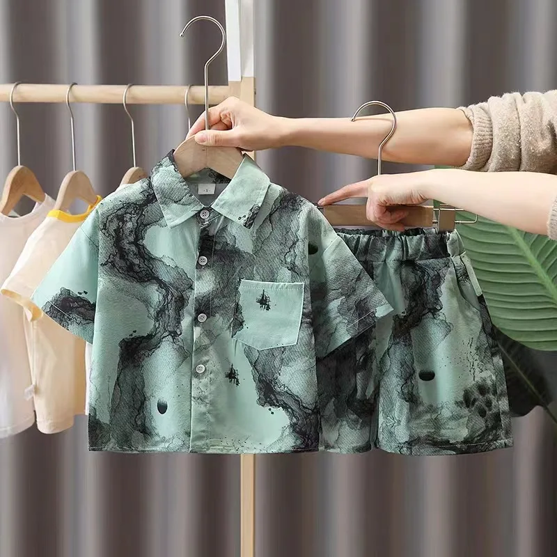 New 2024 Summer Kids Clothes Sets Baby Boys Short Sleeve Lapel Tie-dye Print Shirt Top with Shorts Children Casual Clothing