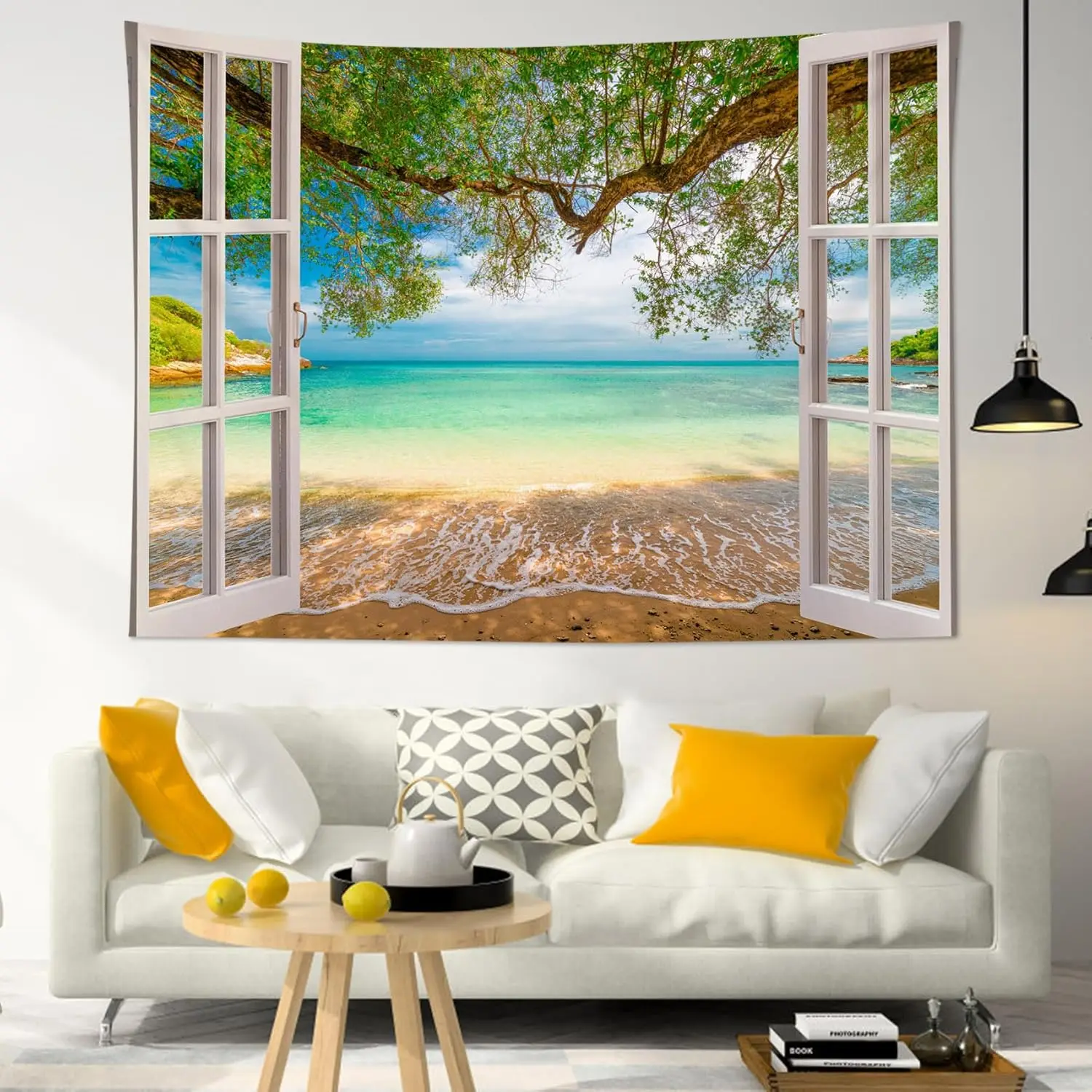 Coastal Window View Wall Hanging, Tropical Beach Ocean Green Tree Nature Landscape Art Fabric for Bedroom Living Room Decor