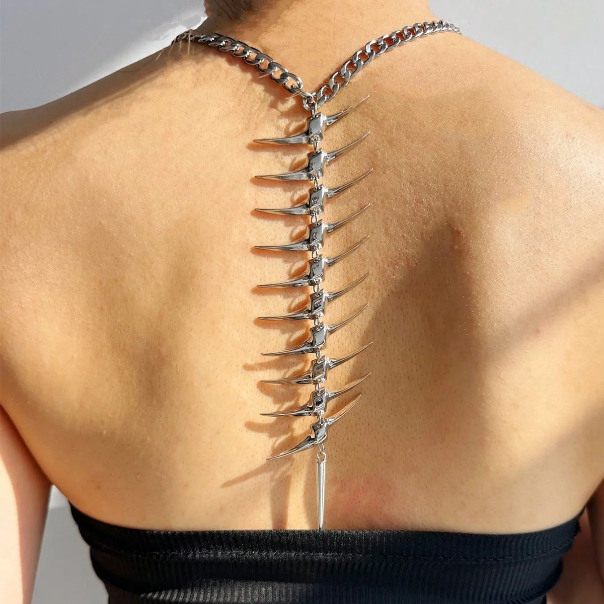 Punk Thorn Fish Bone Shaped Necklace Back Chain For Women Men Creative Gothic Trendy Metal Fishbone Skeleton Choker Body Jewelry