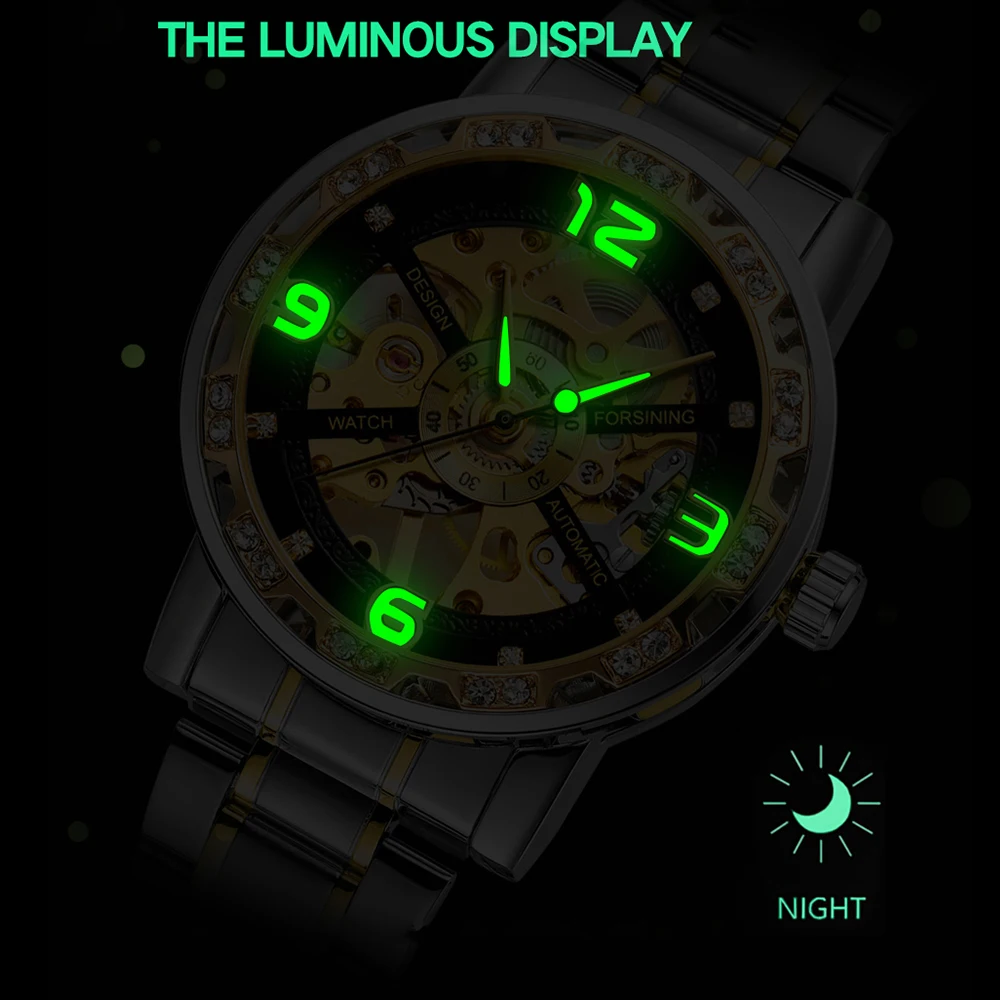 FORSINING Fashion Engraving Luxury Mens Watches Skeleton Mechanical Rhinestone Luminous Pointers Steel Business Man Wristwatches
