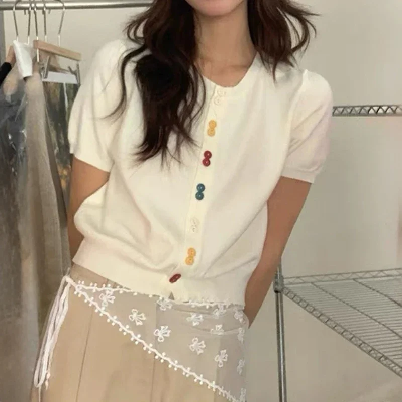Summer Short Sleeve Thin Tshirts Women Pastel Colored Button Knitted T-Shirts Teen-girl Stretch Fitted Tees Y2K Clothing