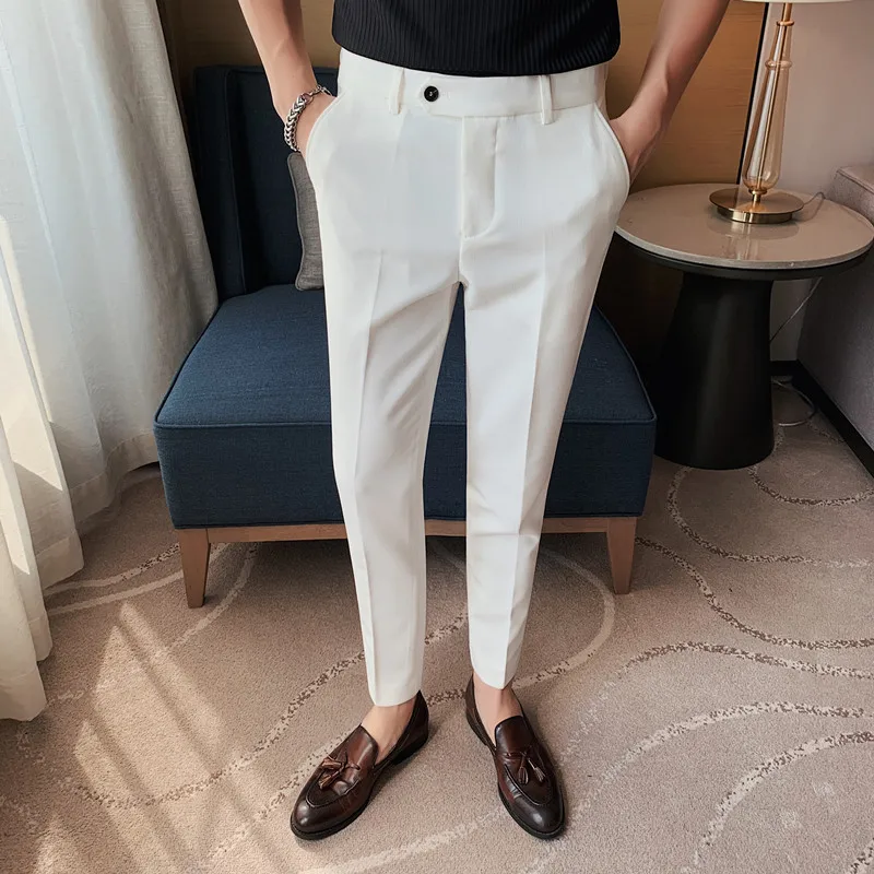 

2022 Summer Men Business Dress Pants Solid Casual Office Social Suit Pants Korean Slim Fit Party Dress Ankle Length Trousers