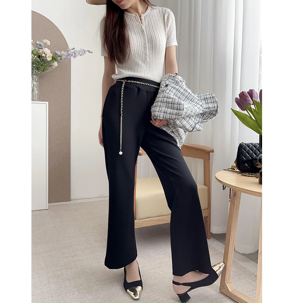 Comfortable High Waist Straight Leg Micro Flared Slimming Four Way Stretch Casual Pants Women 2 Colors Spring High Waist