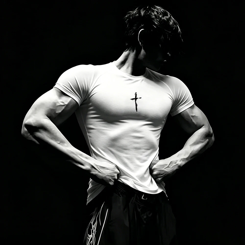 Men's Graffiti Cross Print Compression T-Shirt Quick Dry Slim Fit Sports Short Sleeve Summer Casual Fitness Running Cycling Top
