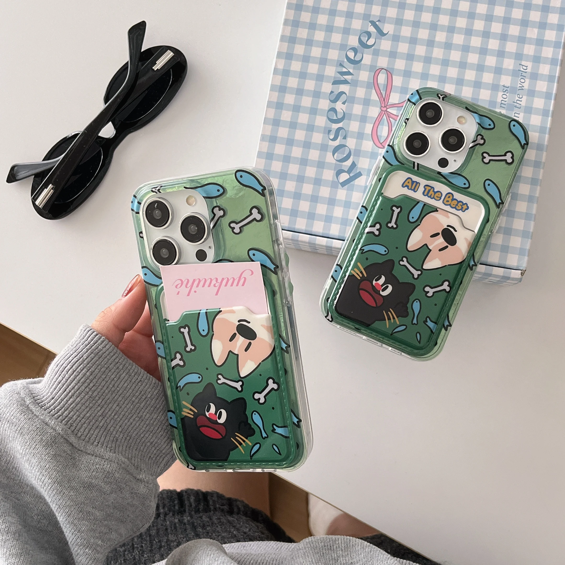 With card bag Green background Cute Cat pattern for iPhone 14Promax 14Pro 14 13 16 16Pro 16Promax 15 15Pro 15Promax soft shell