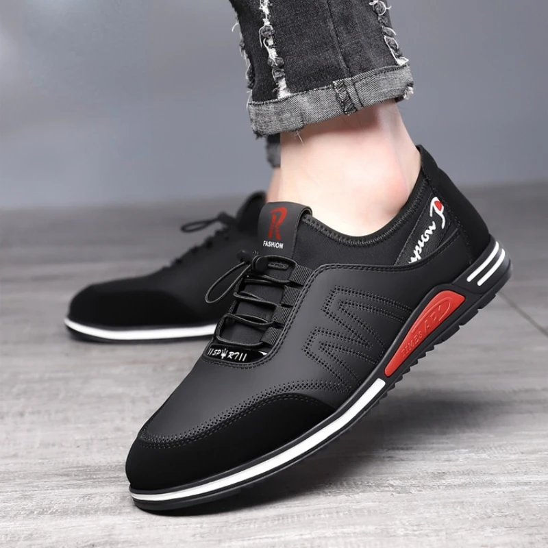 Autumn and Winter Elastic Men\'s Leather Shoes Casual Shoes Soft Bottom Business Men\'s Shoes Elastic Band Brand Sports Shoes2023