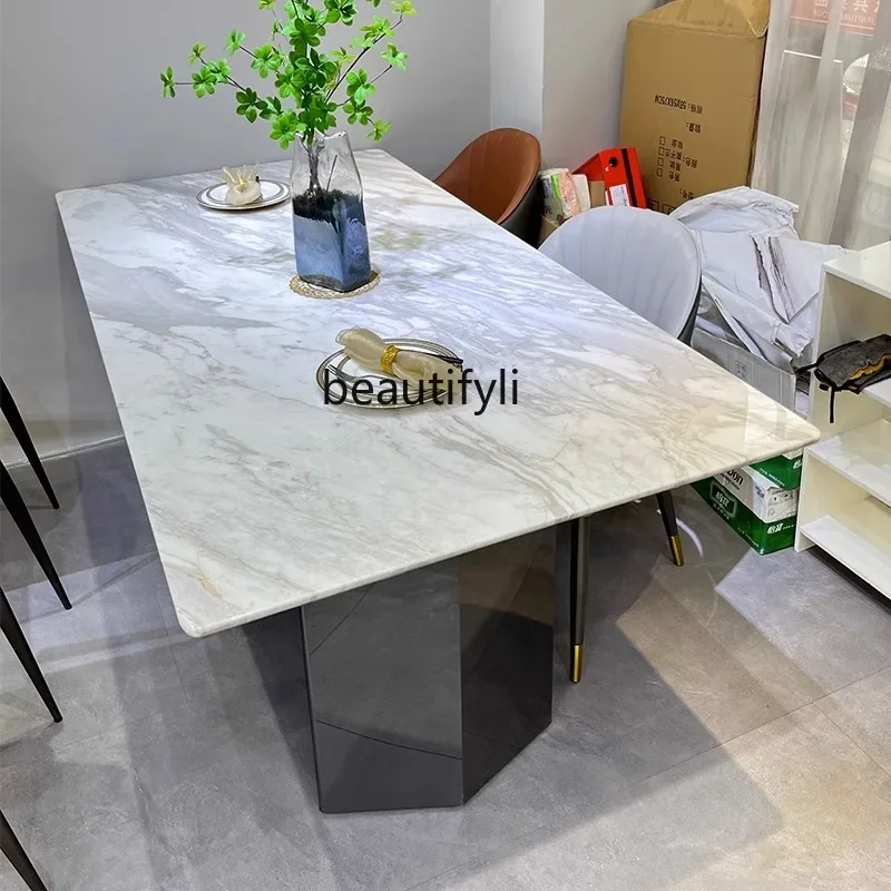 

Fish belly gold natural marble dining table designer rectangular dining table high-end household dining table2005