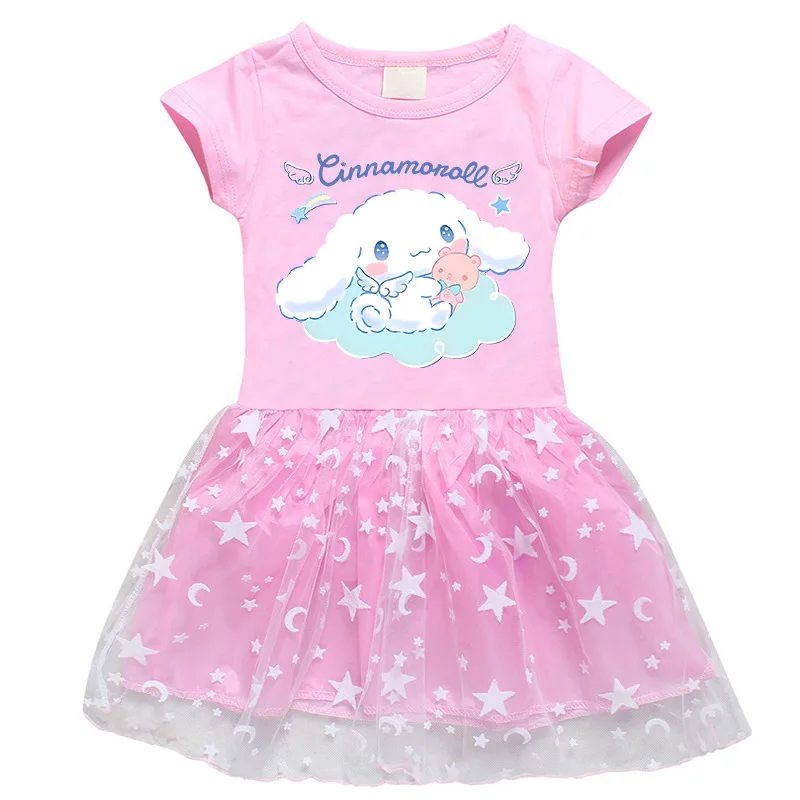 2024 New Girl's Short Sleeved Dress Cute Sanrio Summer Girl Star Mesh Princess Dress Cartoon Casual Cotton Children's Wear