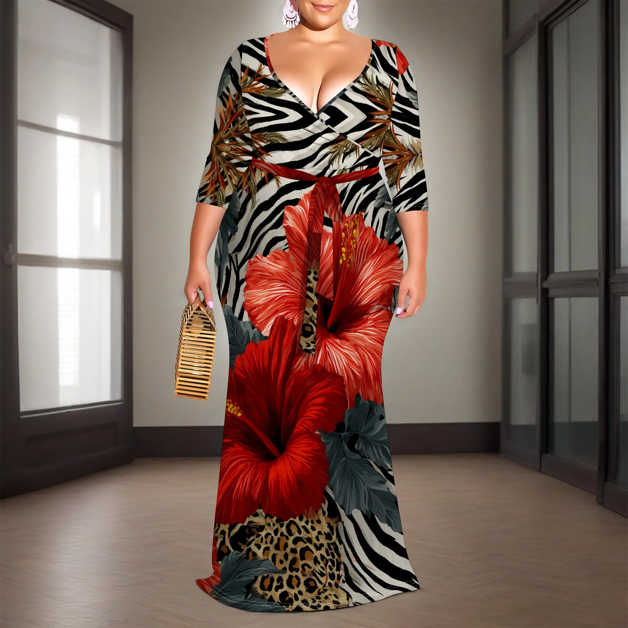 

Plus Size Wrap Maxi Dress with Floral & Animal Print, 3/4 Sleeves, XL-6XL – Perfect for Tropical Vacations & Summer Parties