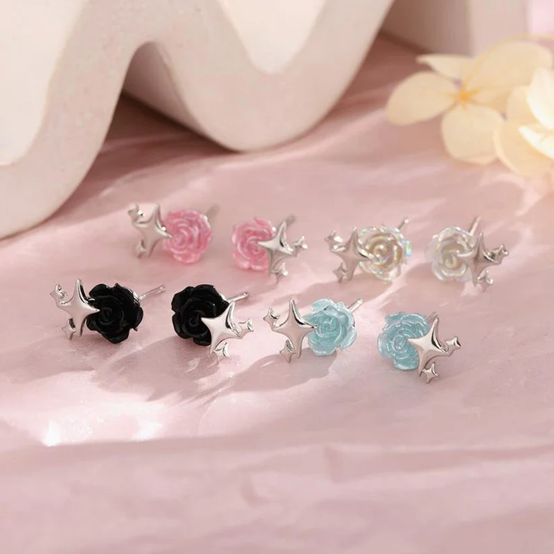 Colorful Rose Four Pointed Star Ear Stud Summer Transparent Pink Blue Camellia Black Flower 925 Silver Earrings For Women KOFSAC