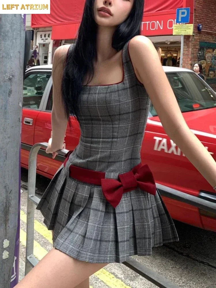 

25Summer Sexy Striped Bow Slim Party Dress Women Y2k Sleeveless Streetwear Vintage Dress Fashion Chic Retro Pleated Clothing New