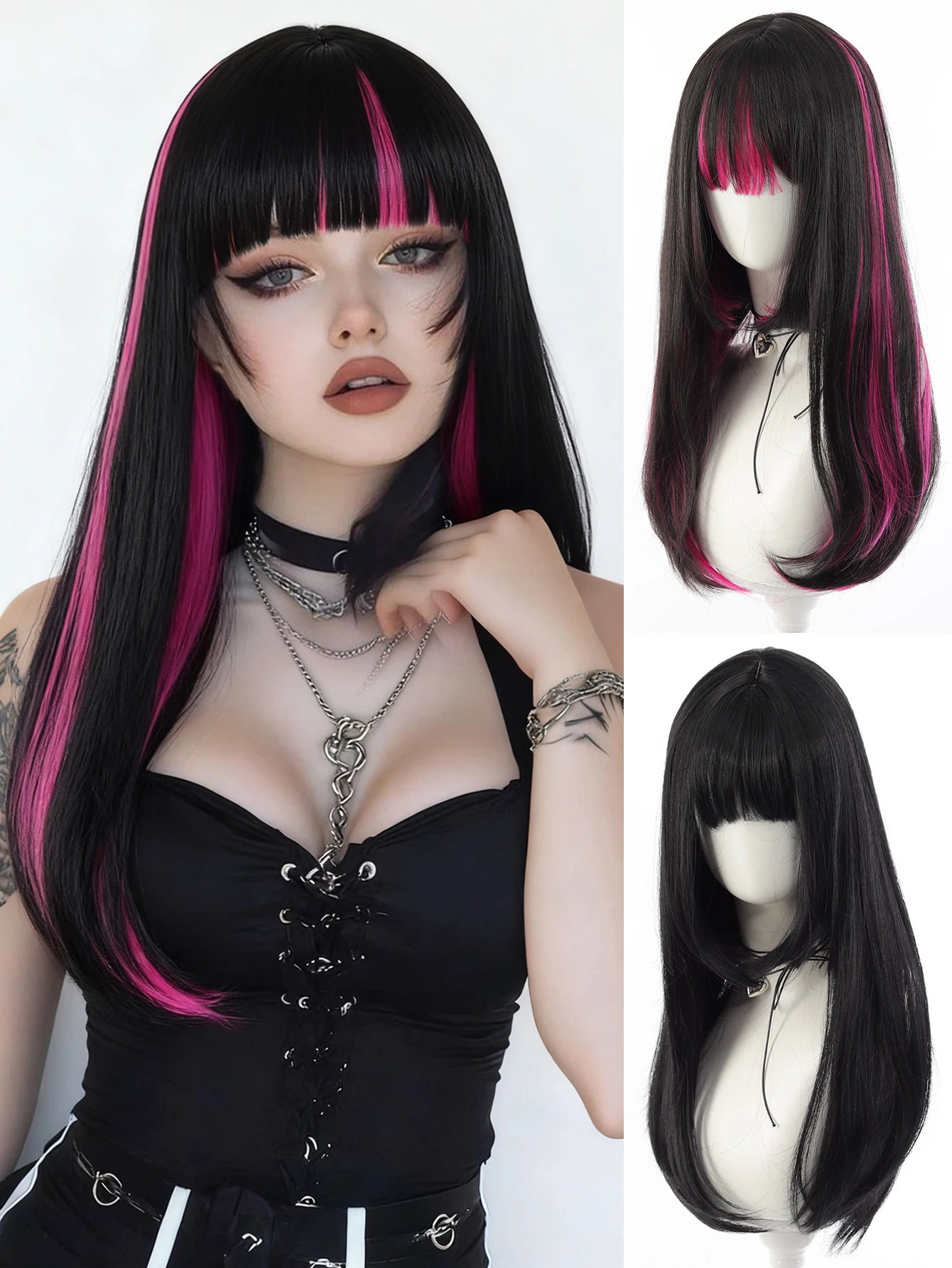 

Elegant Straight Black Wig with Bangs High Temperature Fiber Rose Net Cap Synthetic Hair for Women Cosplay and Daily Wear