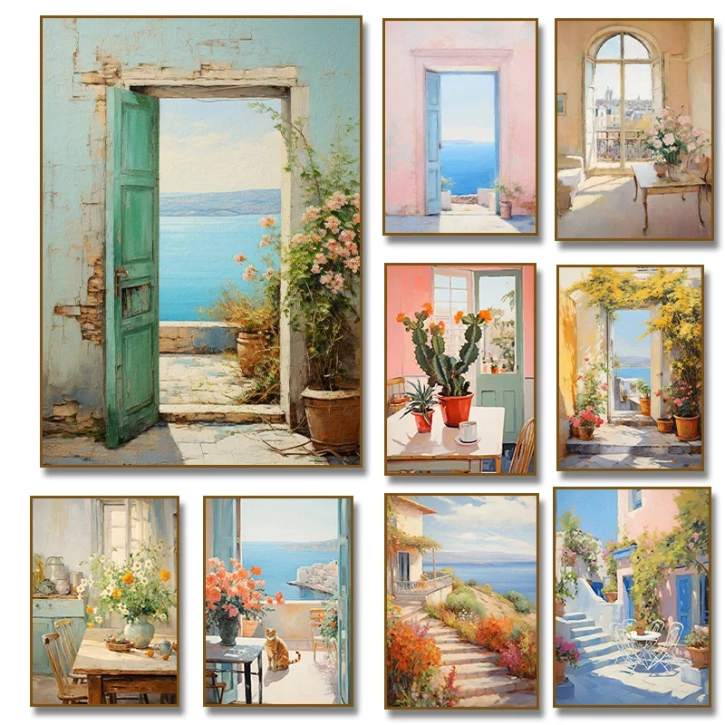Italian Cottage Greece Doorway Flower Coastal Cat Cactus Canvas Painting Still Life Poster Print Aesthetic Room Home Decoration