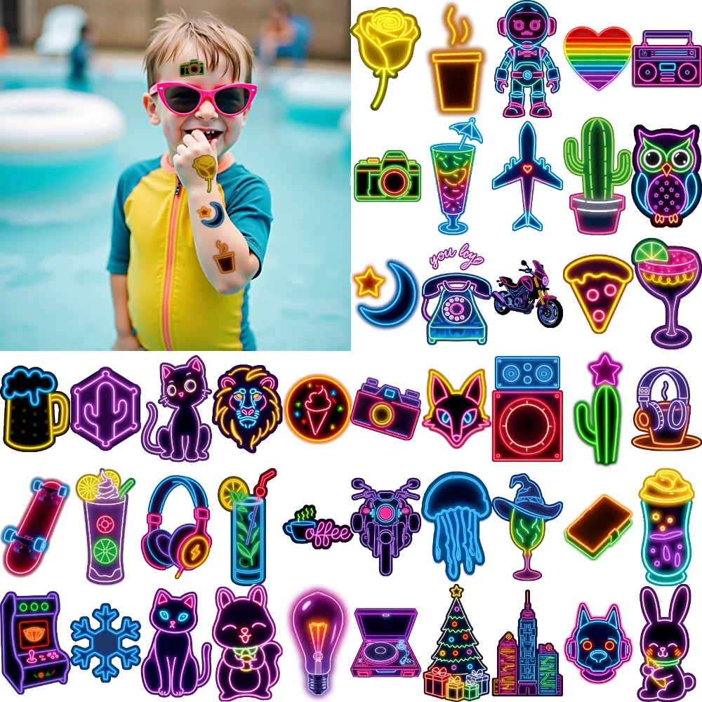 

63pcs Temporary Tattoo Neon Stickers Waterproof Long-lasting Body Stickers Butterfly Cat Temporary Tattoo Stickers Mug For
