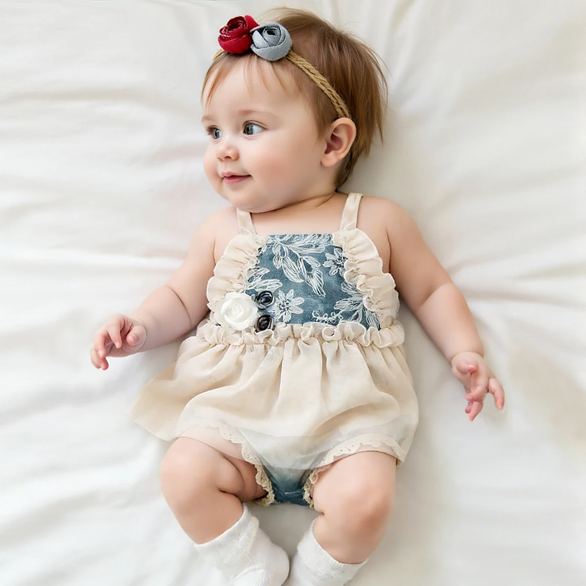2 Pcs Set Newborn Chiffon Romper+Headband for Picture Props Infant Rose Lace Outfits for Photo Shooting Baby Girl Props