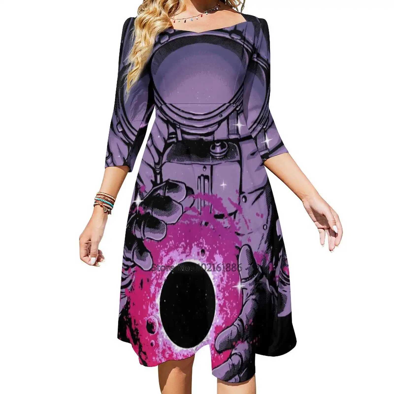 Deep Space Back Lacing Backless Dress Square Neck Dress New Elegant Women Waist Tight Dress Astronaut Space Galaxy Deep Fantasy