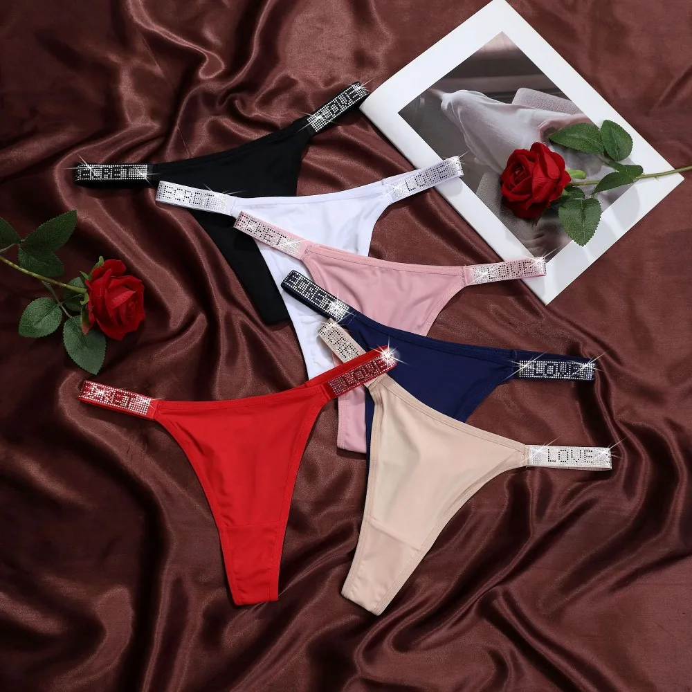 Women's Sexy Lace Panties Sheer Fashionable Breathable Seamless Patterned with LOVE Rhinestones Panties Thong Underwear
