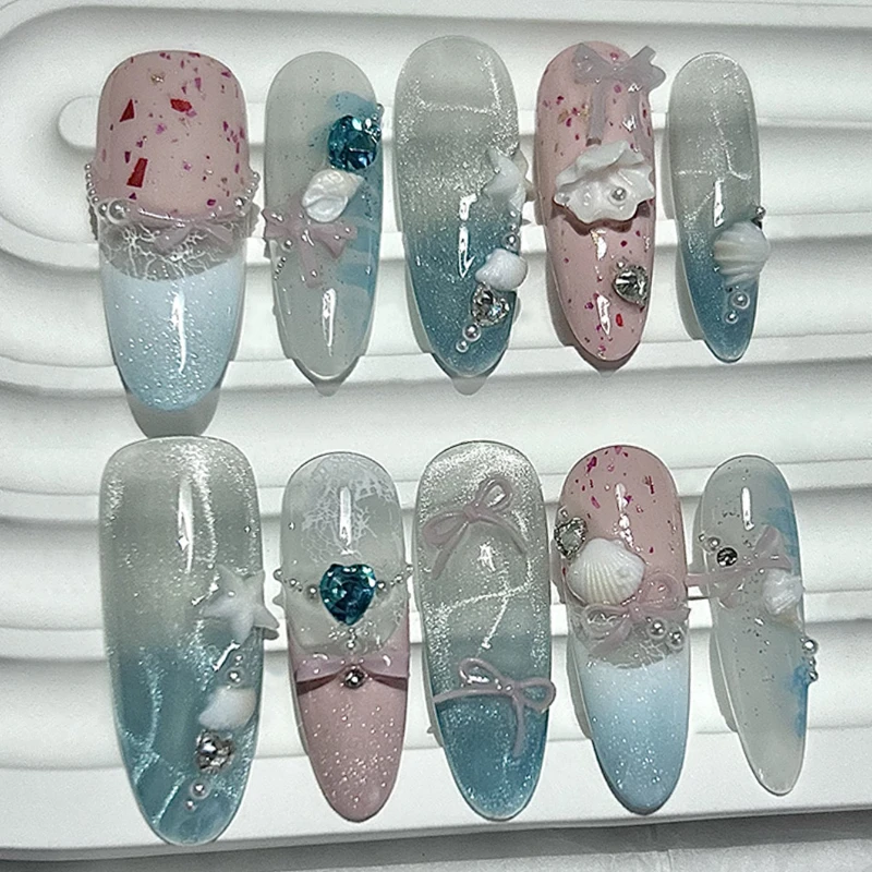 10 pezzi estate oceano acqua ondulazione francese fatto a mano stampa sulle unghie rosa blu carino fiocco 3D glitter unghie finte rimovibili riutilizzabili
