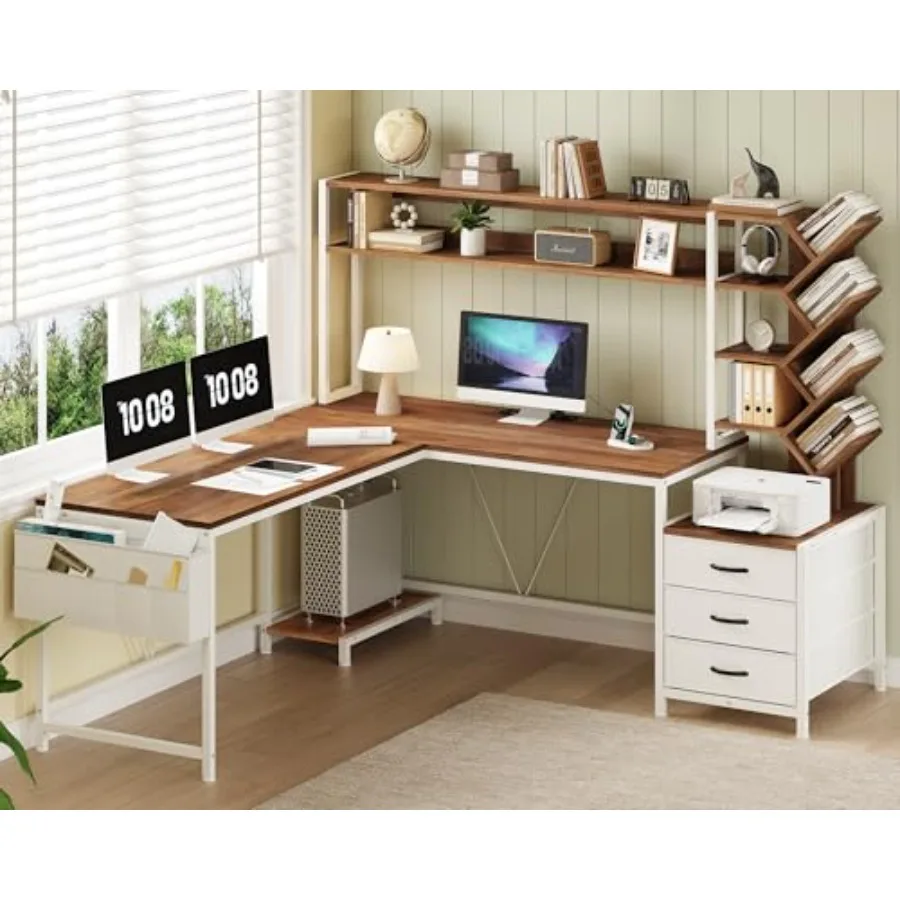 Bookshelf, Drawers and Hutch for Home Office: Engineered Wood, White, Space-Saving Modular Design
