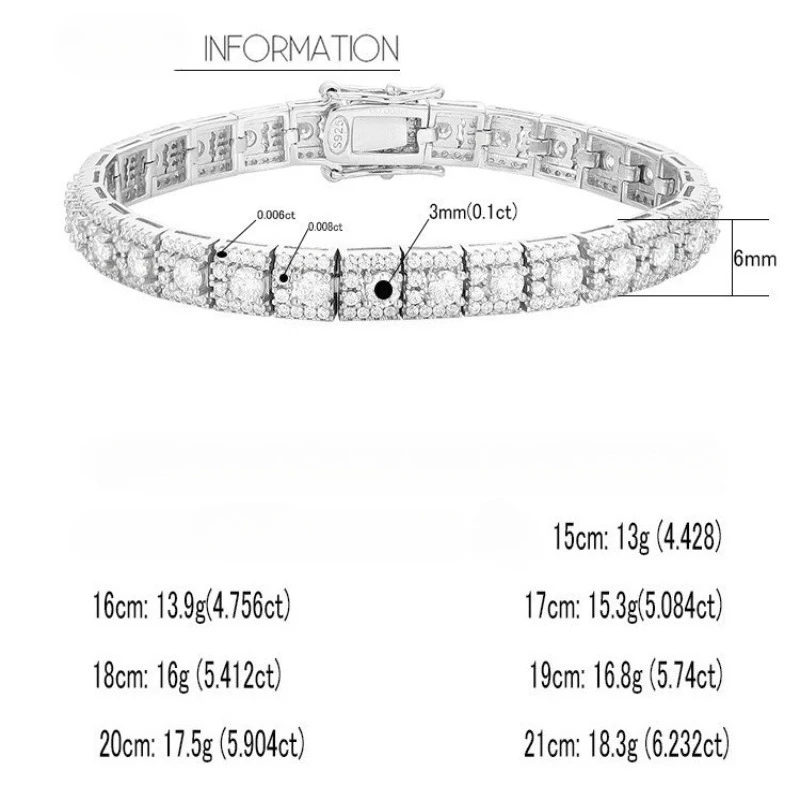 Classic Real 3mm Moissanite Diamond Bangle Bracelet 925 Sterling Silver Wedding Bracelets for Women Bridal Engagement Jewelry