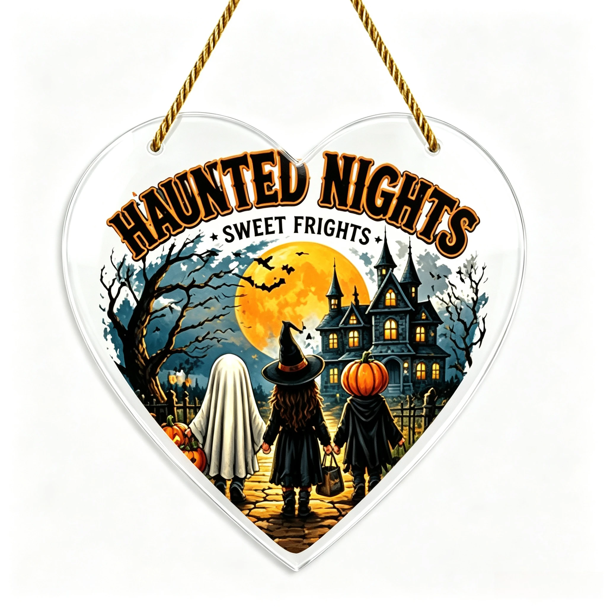 Vintage Halloween Trick or Treat Heart Acrylic Hanger, Ghost Witch Pumpkin Head Castle Fall Holiday Wall Ornament