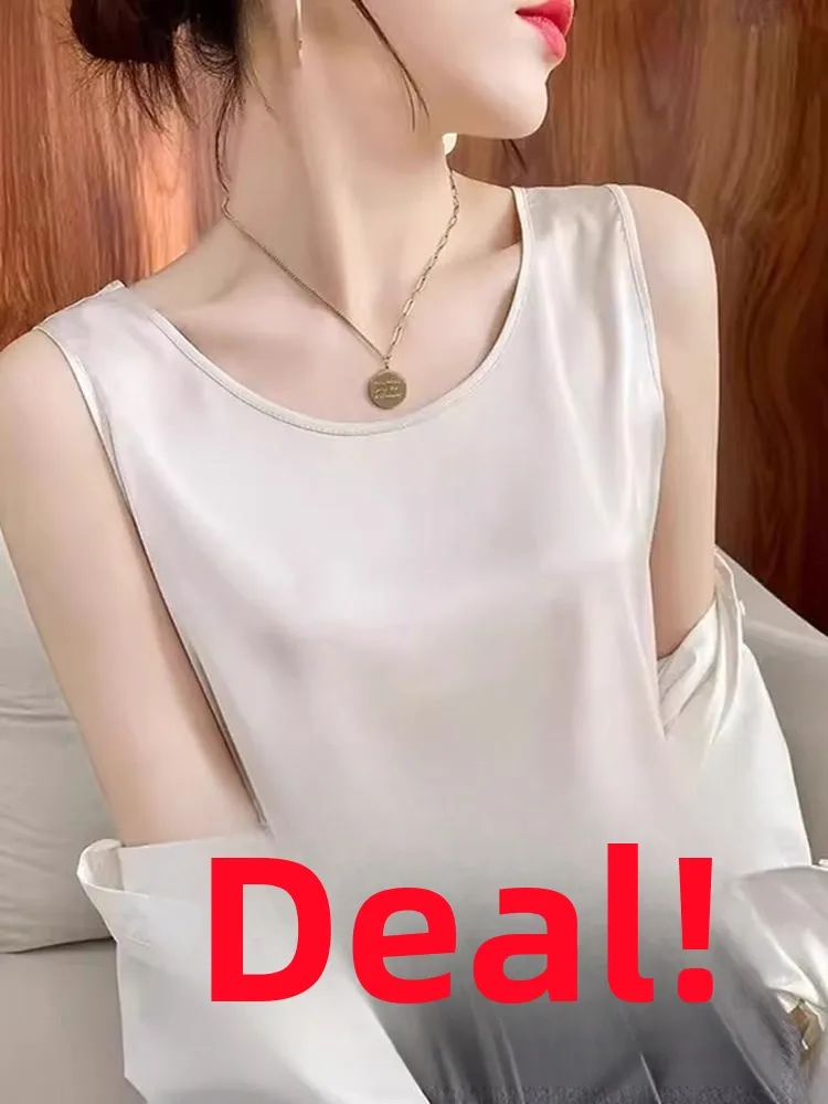 

Silk Csole Vest Women's Inner Match Suit round Ne Loose Bla White Base Silk Pure Color V-ne Top Summer