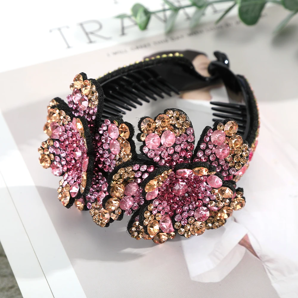 New Ponytail Hair Claws Women Shiny Crystal Rhinestone Hair Bun Fashion Flower Hairpin Hair Barrettes Clip Hair Accessories