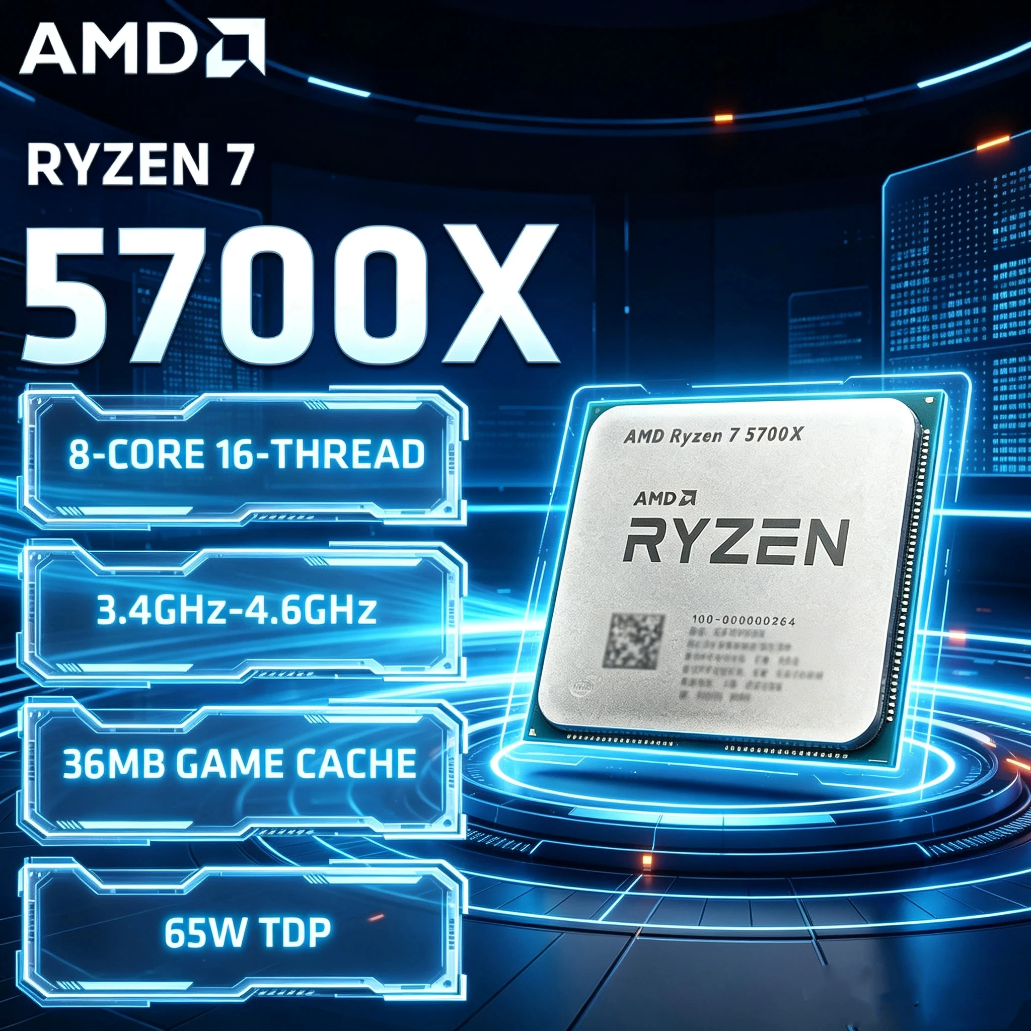 AMD Ryzen 7 5700X Gaming CPU 65W TDP Socket AM4 DDR4 3200 Requires Discrete GPU 8 Core 16 Thread No Cooler Included 4.6GHz Boost