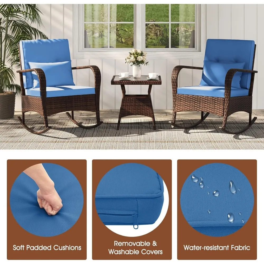 3 Pieces Patio Furniture Set, Outdoor Wicker Rocking Chairs with Cushions, Pillows, Glass Coffee Table, Rattan Bistro