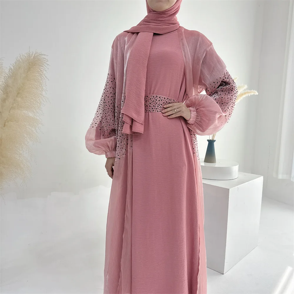 Muslim set for Muslim woman, 2 pieces, solid color, puff sleeve, Cardigan, Inner dress, prayer clothing, LR698